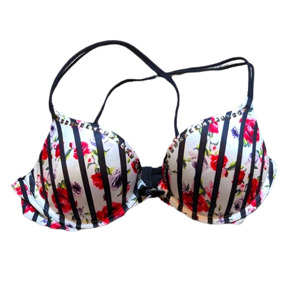 Victoria's Secret Very Sexy Push-up Lace trim Bra 32C Floral Vertical Stripe